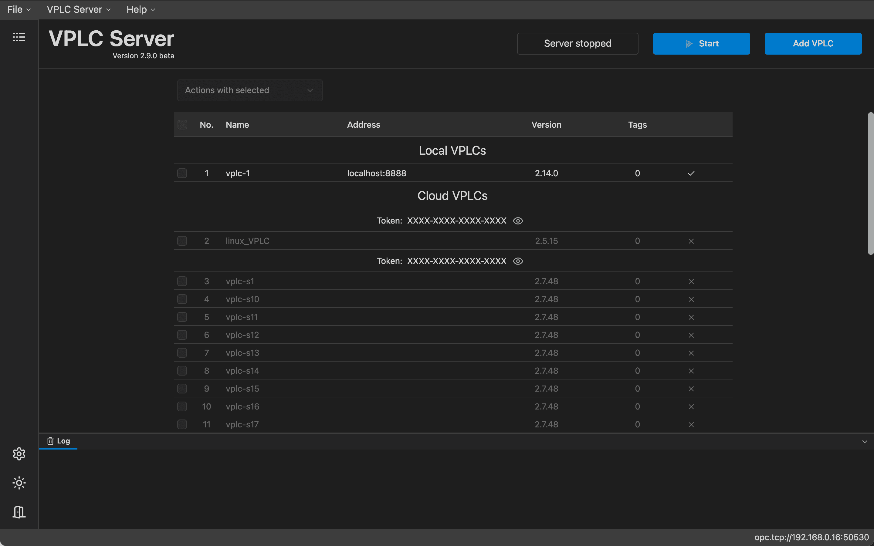 VPLC Server app listing connected controllers and OPC UA server status