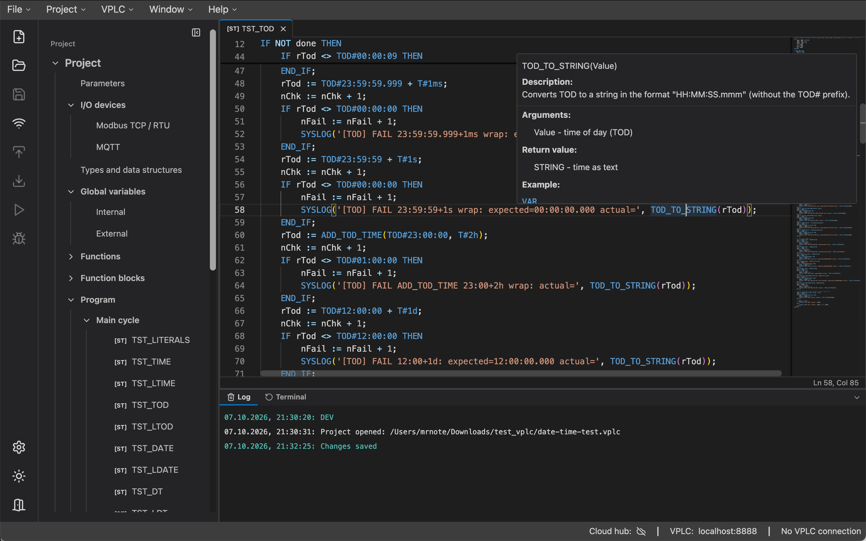 VPLC Studio editor with Structured Text code, project tree and live variable values