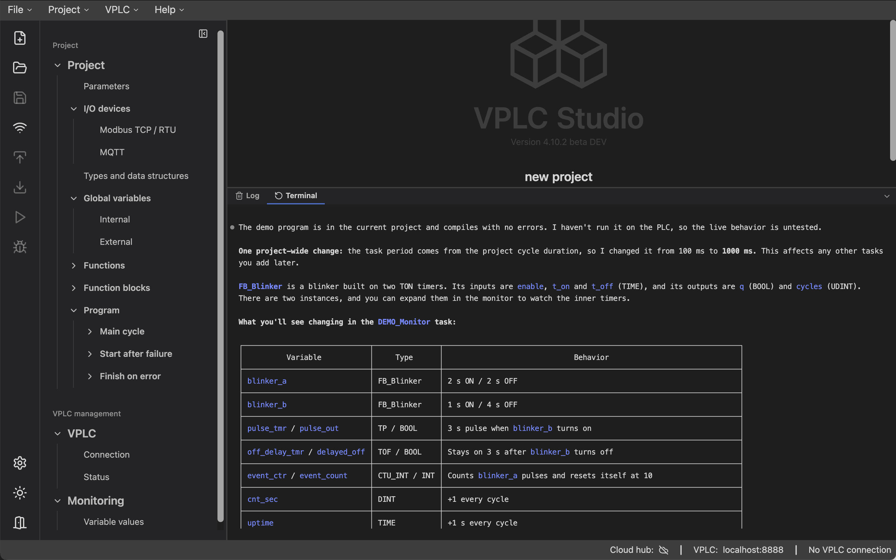 VPLC Studio built-in terminal running an AI coding agent